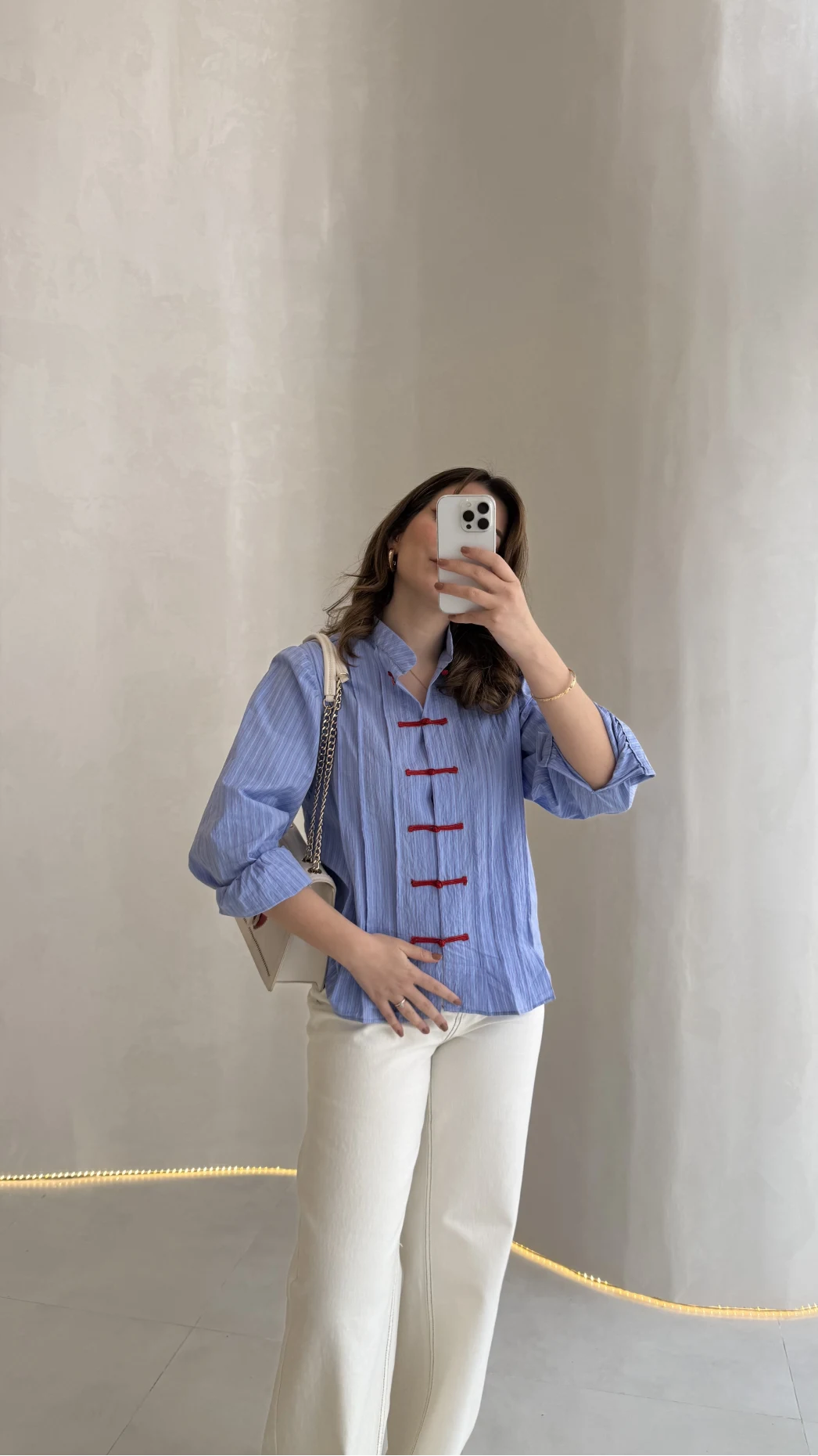 Blue Shirt with Red Button Detail and Mandarin Collar