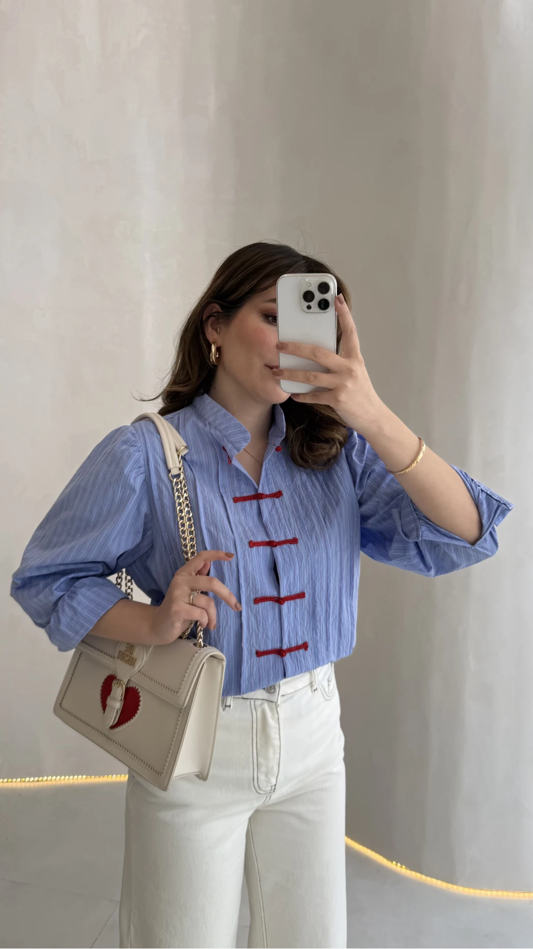 Blue Shirt with Red Button Detail and Mandarin Collar