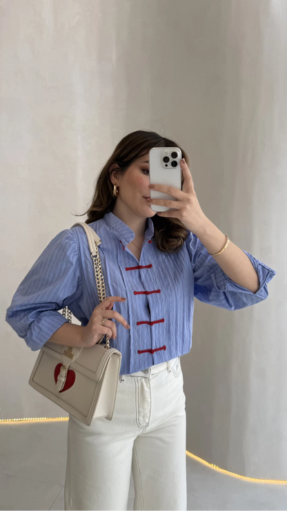 Blue Shirt with Red Button Detail and Mandarin Collar