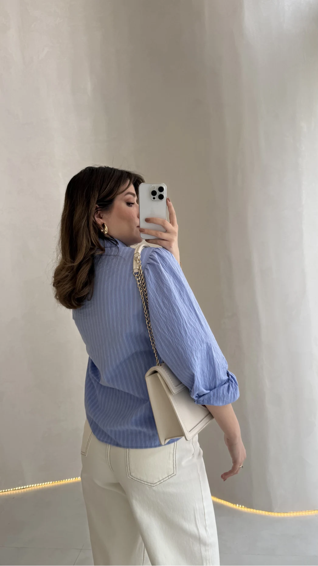 Blue Shirt with Red Button Detail and Mandarin Collar