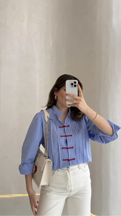 Blue Shirt with Red Button Detail and Mandarin Collar