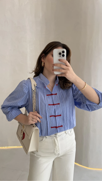 Blue Shirt with Red Button Detail and Mandarin Collar