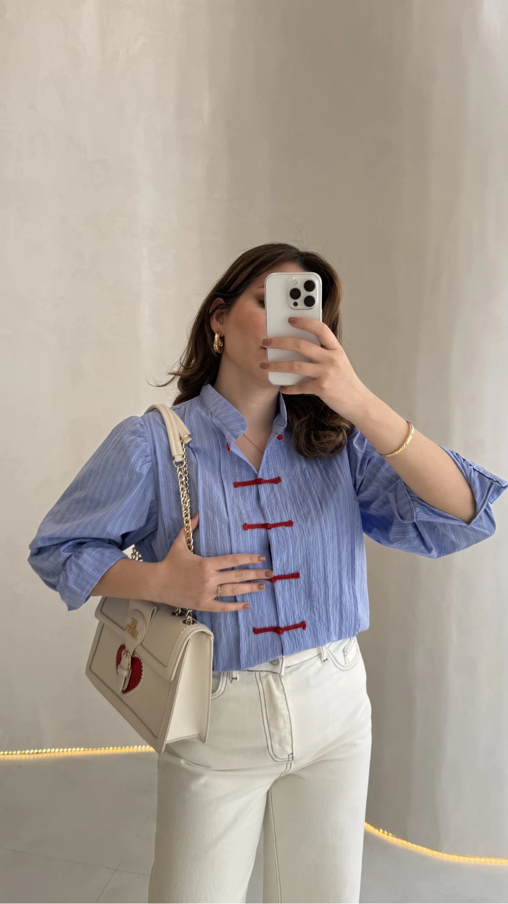 Blue Shirt with Red Button Detail and Mandarin Collar