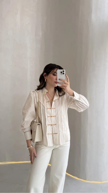 Beige Shirt with Red Button Detail and Mandarin Collar