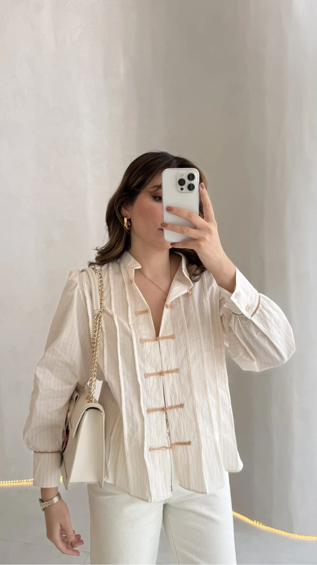 Beige Shirt with Red Button Detail and Mandarin Collar