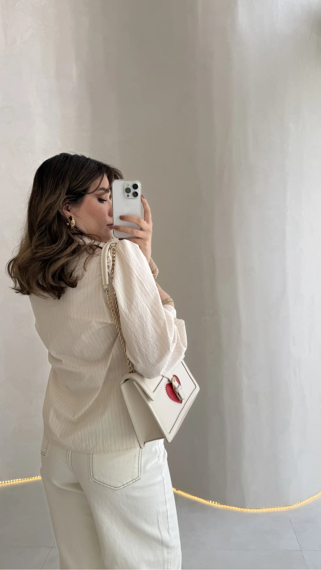 Beige Shirt with Red Button Detail and Mandarin Collar