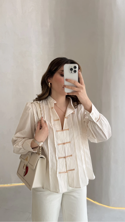 Beige Shirt with Red Button Detail and Mandarin Collar