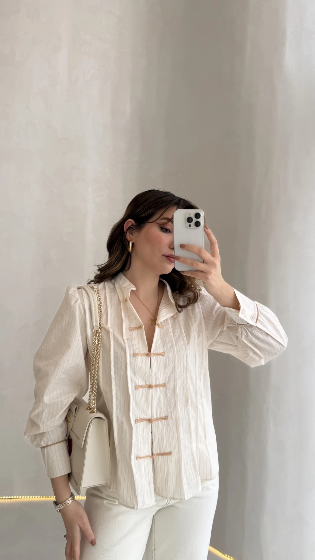 Beige Shirt with Red Button Detail and Mandarin Collar