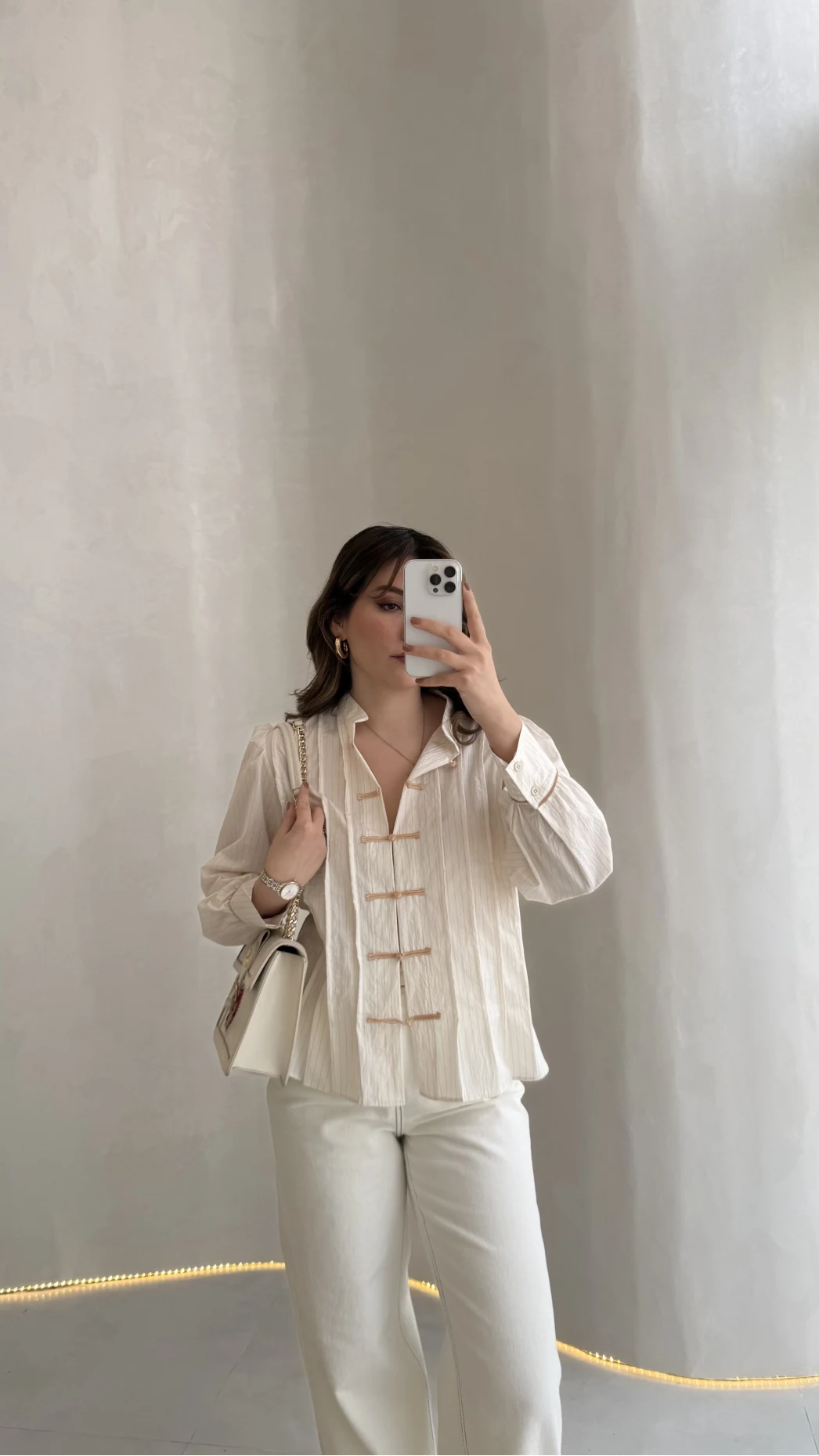 Beige Shirt with Red Button Detail and Mandarin Collar