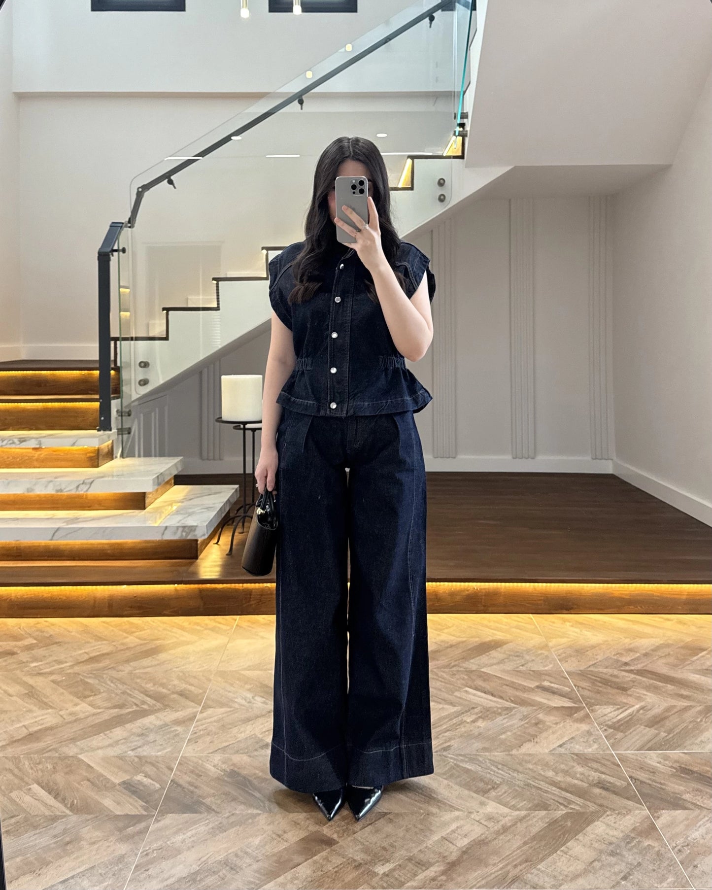 Zr model Stand collar denim vest and  trouser set