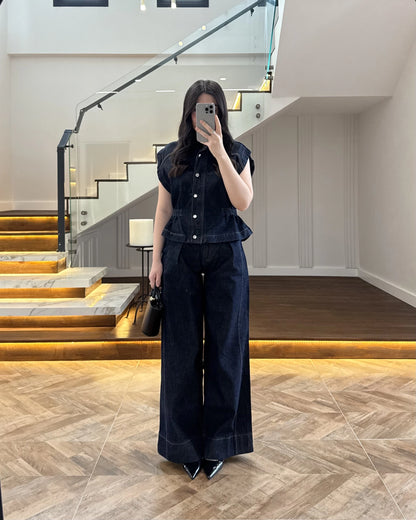 Zr model Stand collar denim vest and  trouser set