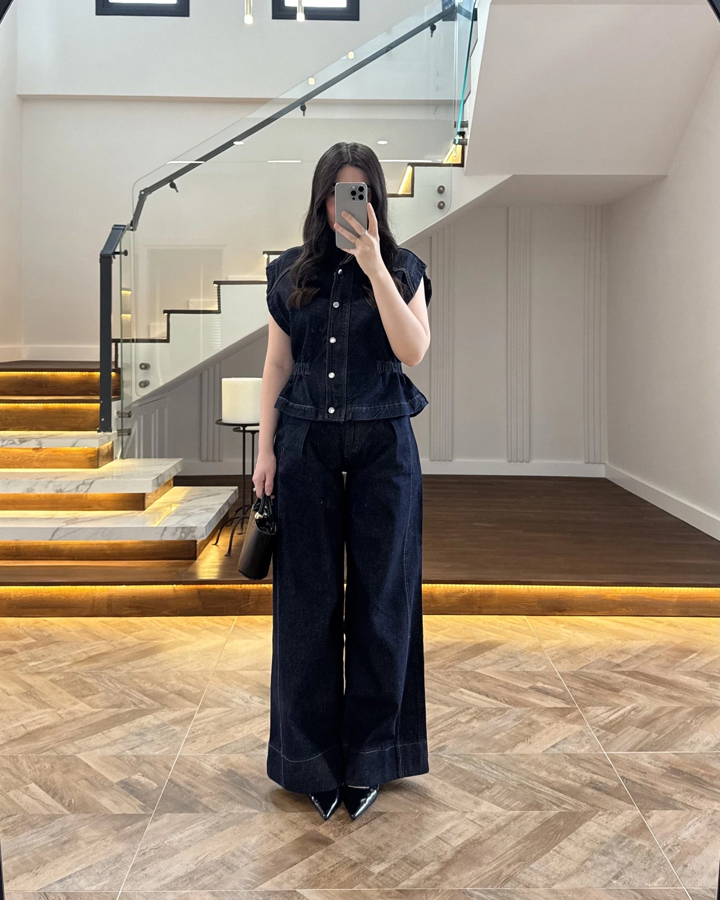 Zr model Stand collar denim vest and  trouser set