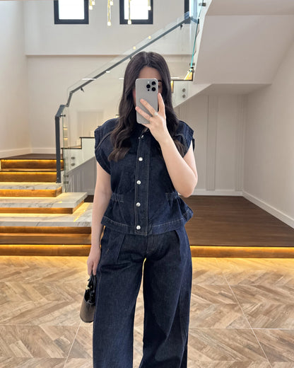 Zr model Stand collar denim vest and  trouser set