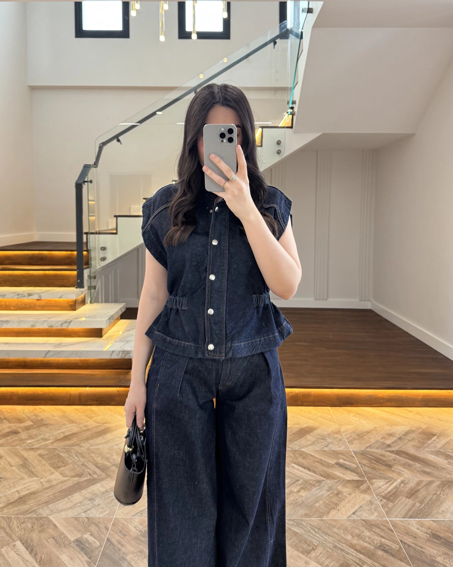 Zr model Stand collar denim vest and  trouser set