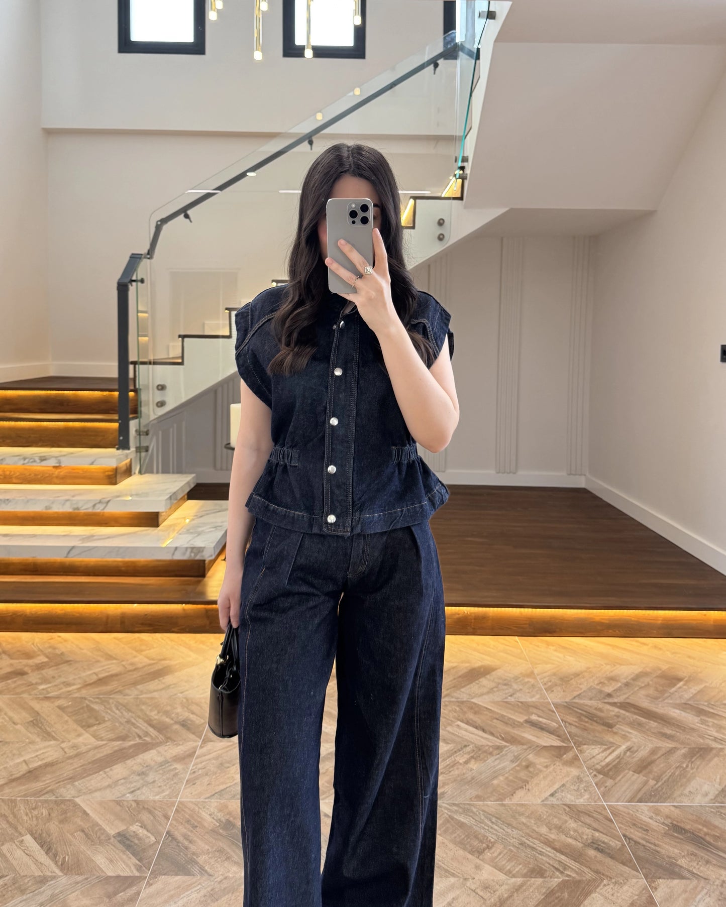 Zr model Stand collar denim vest and  trouser set