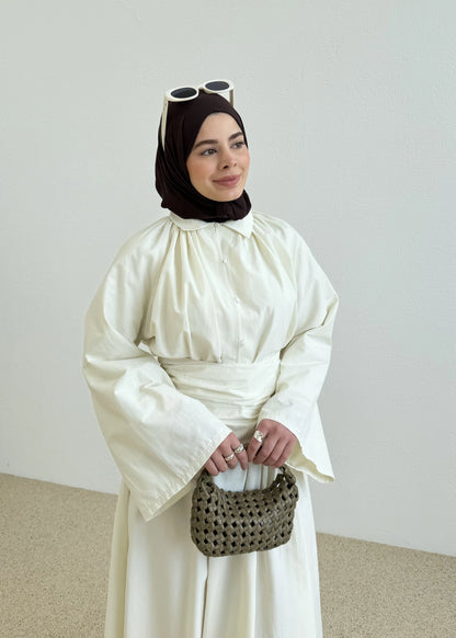 Premium Two-Piece Set Featuring a Waist-Fitting Maxi Skirt and Adjustable-Cuff Sleeve shirt - Vanilla
