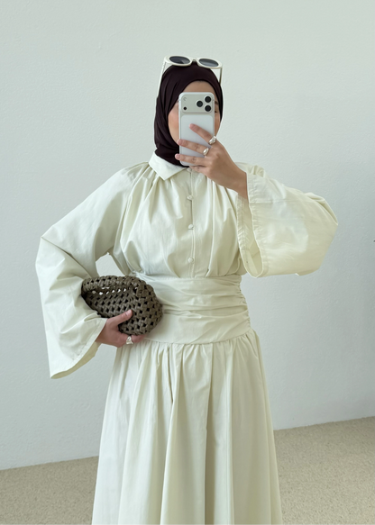 Premium Two-Piece Set Featuring a Waist-Fitting Maxi Skirt and Adjustable-Cuff Sleeve shirt - Vanilla