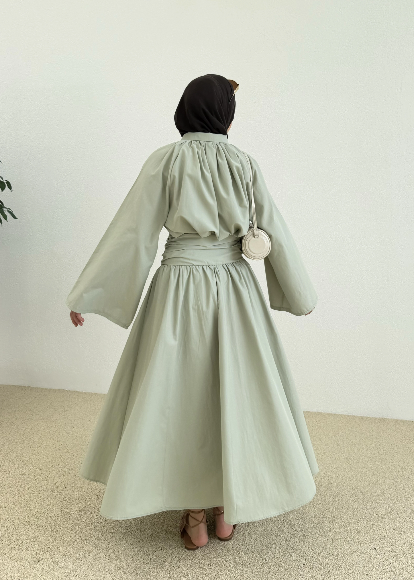 Premium Two-Piece Set Featuring a Waist-Fitting Maxi Skirt and Adjustable-Cuff Sleeve shirt - sage green