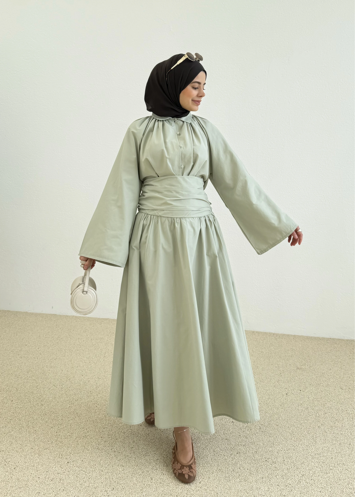 Premium Two-Piece Set Featuring a Waist-Fitting Maxi Skirt and Adjustable-Cuff Sleeve shirt - sage green