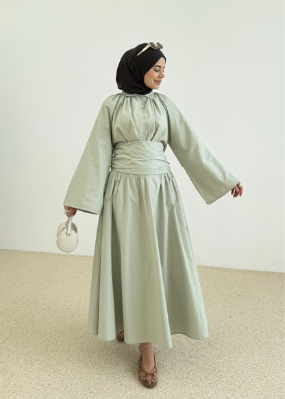 Premium Two-Piece Set Featuring a Waist-Fitting Maxi Skirt and Adjustable-Cuff Sleeve shirt - sage green