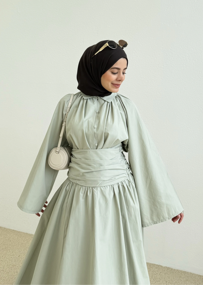 Premium Two-Piece Set Featuring a Waist-Fitting Maxi Skirt and Adjustable-Cuff Sleeve shirt - sage green