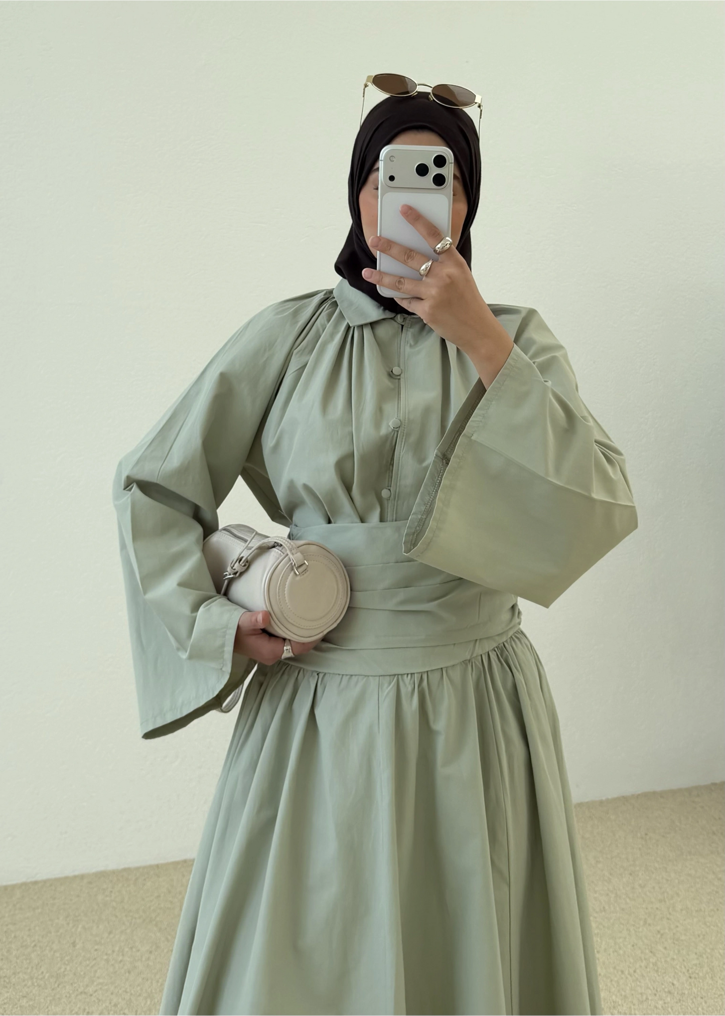 Premium Two-Piece Set Featuring a Waist-Fitting Maxi Skirt and Adjustable-Cuff Sleeve shirt - sage green