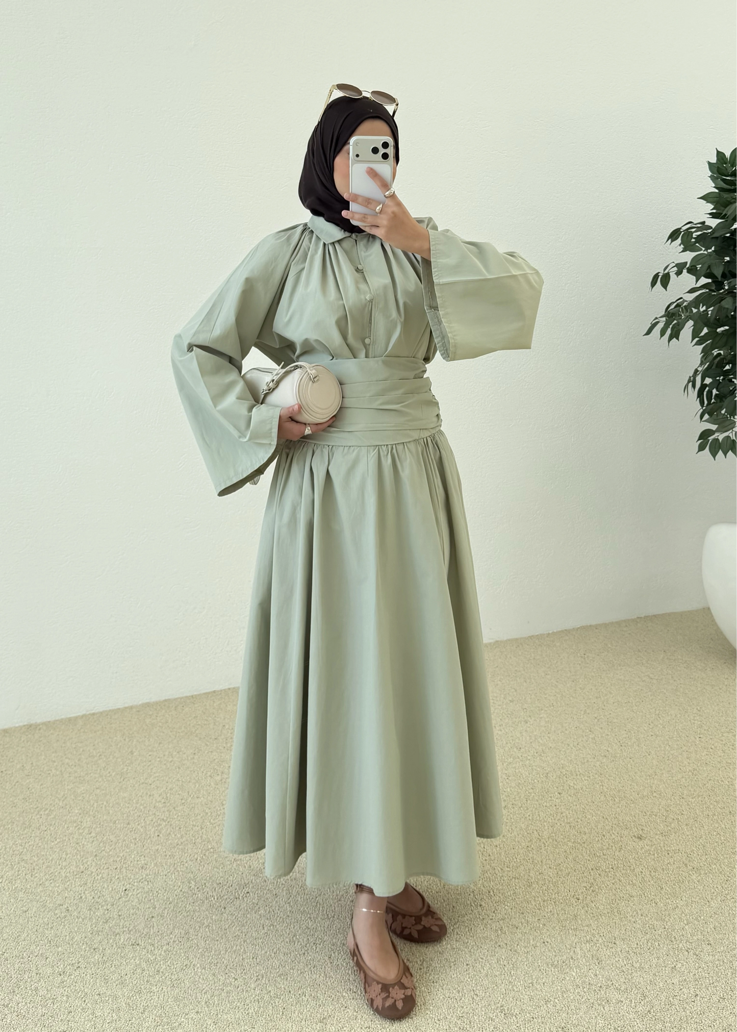 Premium Two-Piece Set Featuring a Waist-Fitting Maxi Skirt and Adjustable-Cuff Sleeve shirt - sage green