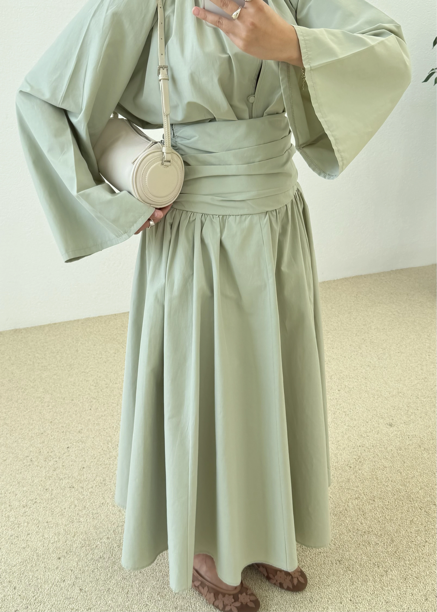 Premium Two-Piece Set Featuring a Waist-Fitting Maxi Skirt and Adjustable-Cuff Sleeve shirt - sage green