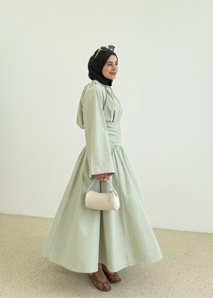 Premium Two-Piece Set Featuring a Waist-Fitting Maxi Skirt and Adjustable-Cuff Sleeve shirt - sage green