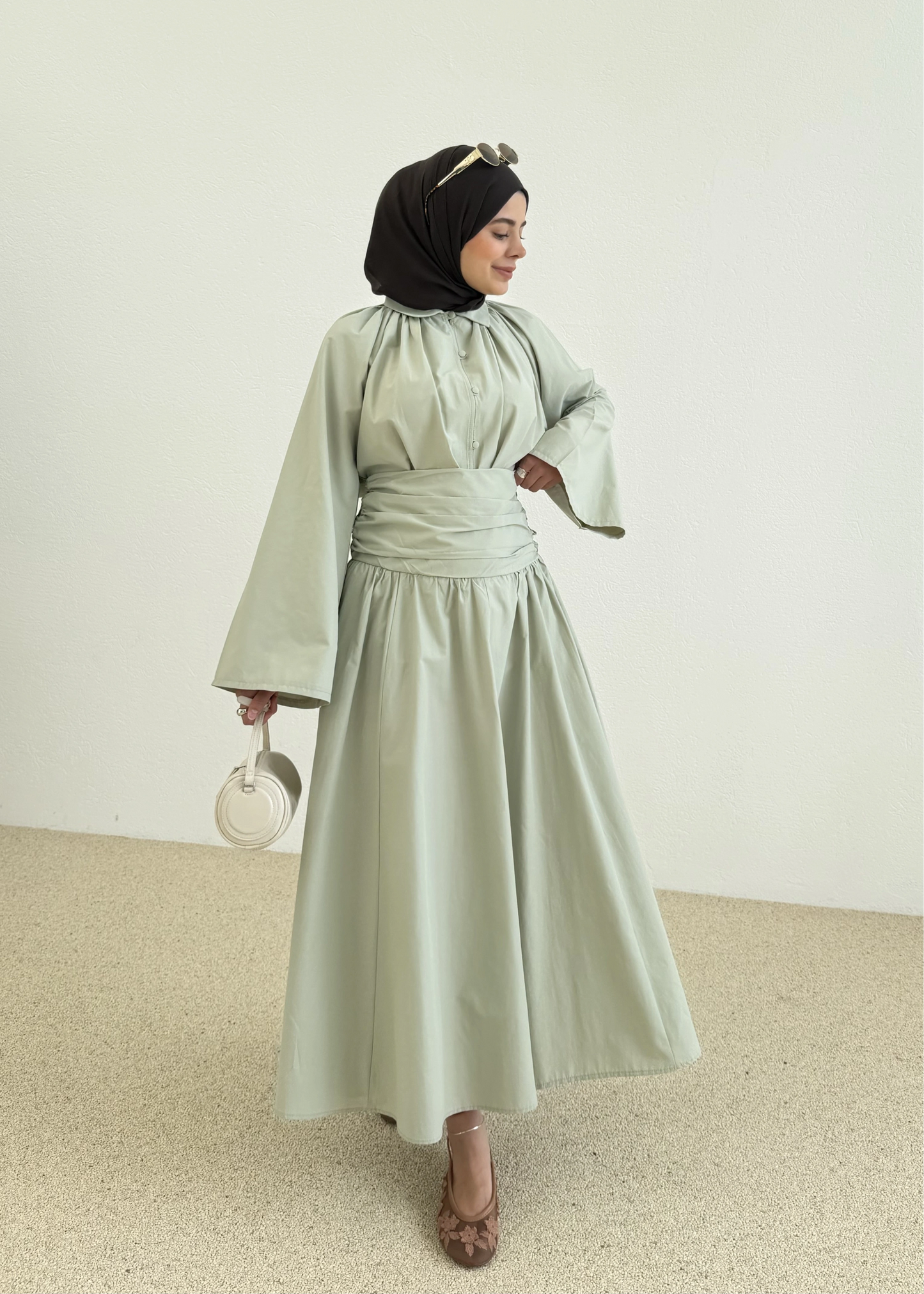 Premium Two-Piece Set Featuring a Waist-Fitting Maxi Skirt and Adjustable-Cuff Sleeve shirt - sage green
