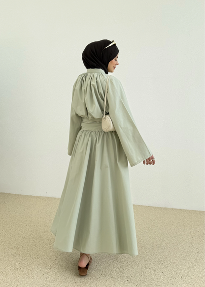 Premium Two-Piece Set Featuring a Waist-Fitting Maxi Skirt and Adjustable-Cuff Sleeve shirt - sage green