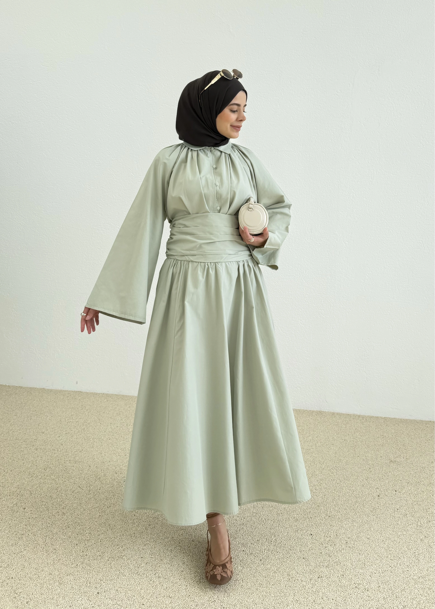 Premium Two-Piece Set Featuring a Waist-Fitting Maxi Skirt and Adjustable-Cuff Sleeve shirt - sage green