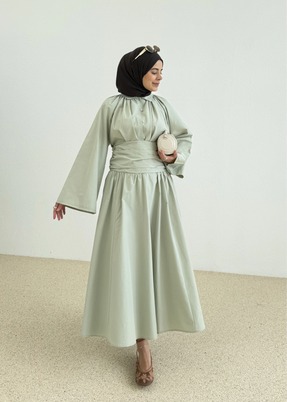 Premium Two-Piece Set Featuring a Waist-Fitting Maxi Skirt and Adjustable-Cuff Sleeve shirt - sage green