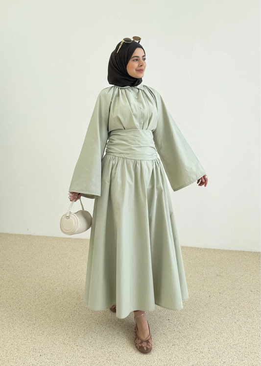 Premium Two-Piece Set Featuring a Waist-Fitting Maxi Skirt and Adjustable-Cuff Sleeve shirt - sage green
