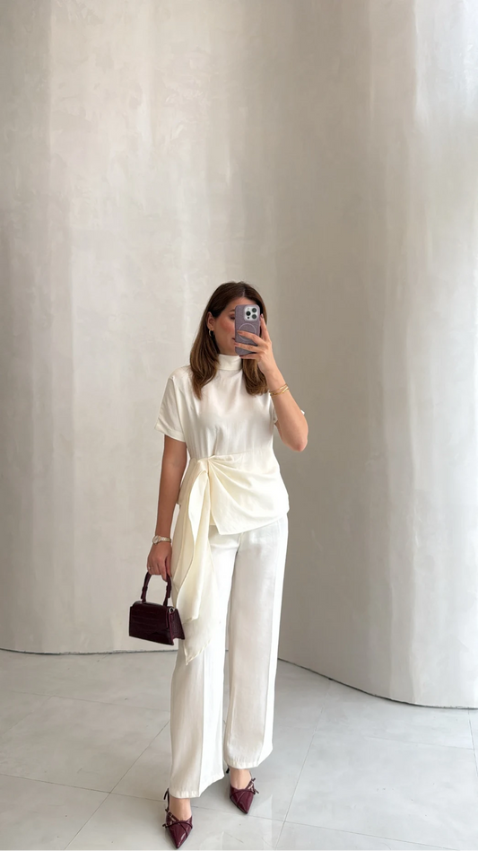 Stand-Up Collar Tie Detail Suit -white