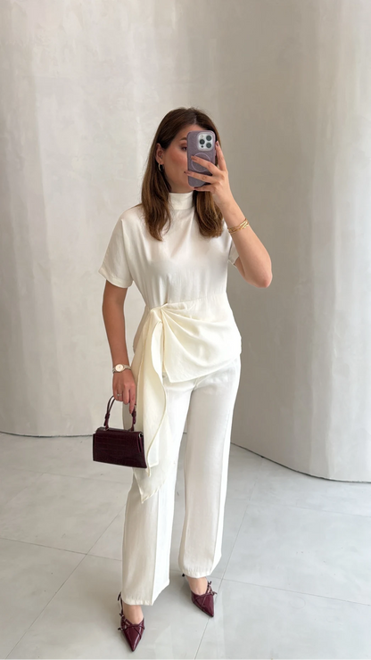 Stand-Up Collar Tie Detail Suit -white