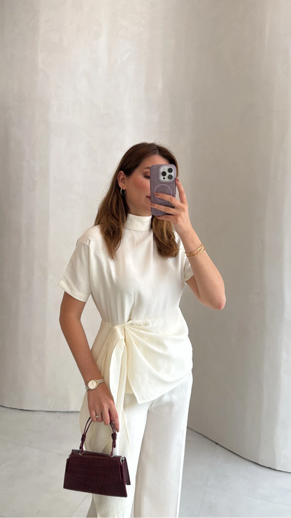 Stand-Up Collar Tie Detail Suit -white
