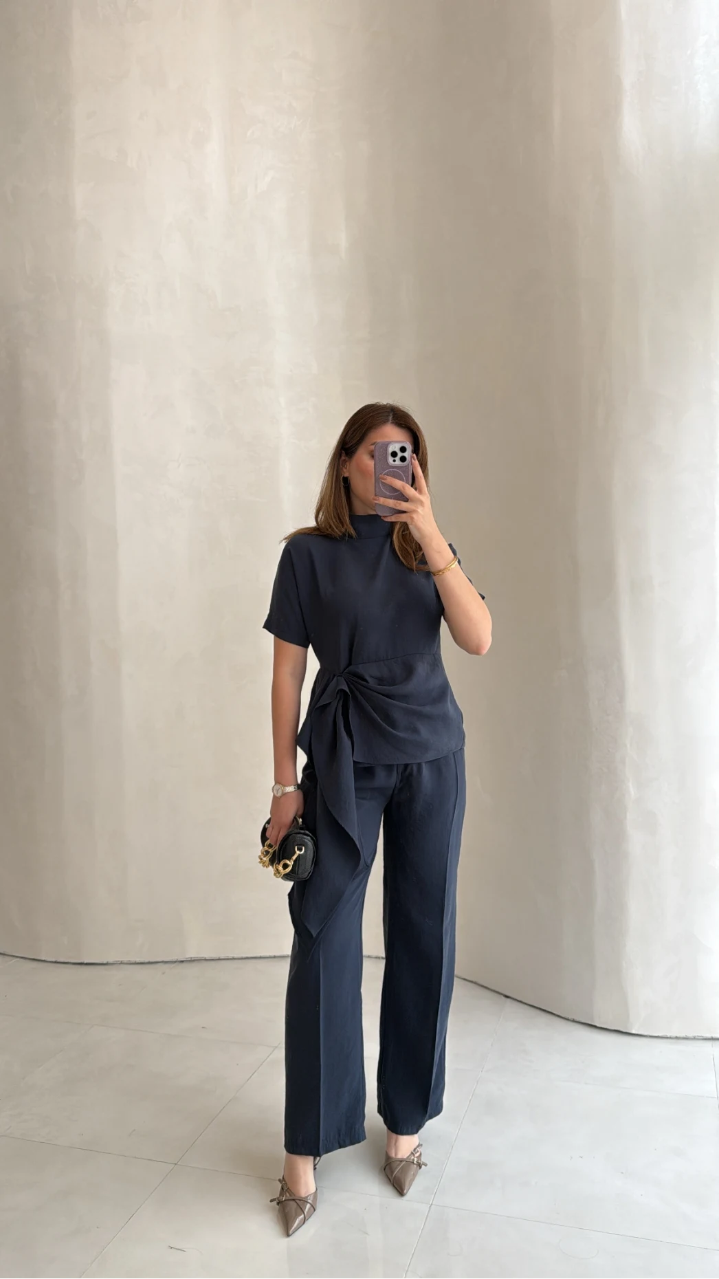 Stand-Up Collar Tie Detail Suit - navy blue