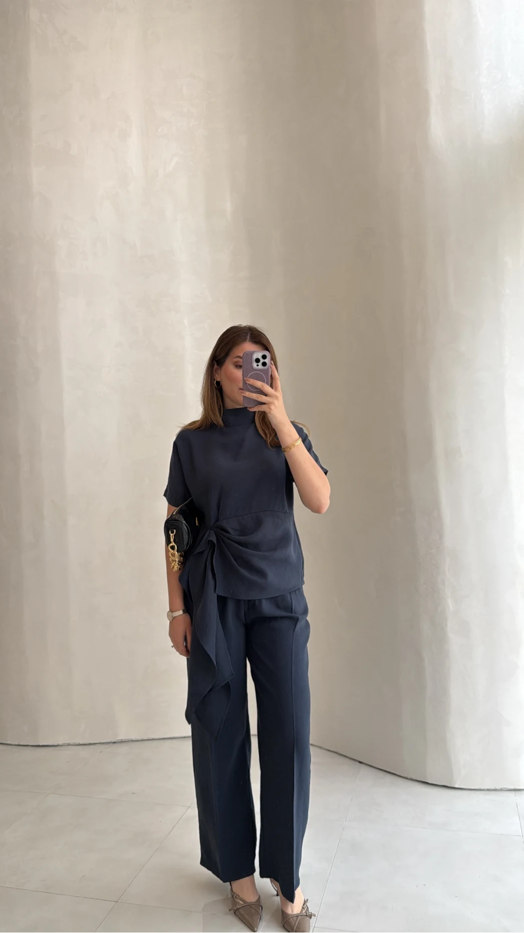 Stand-Up Collar Tie Detail Suit - navy blue