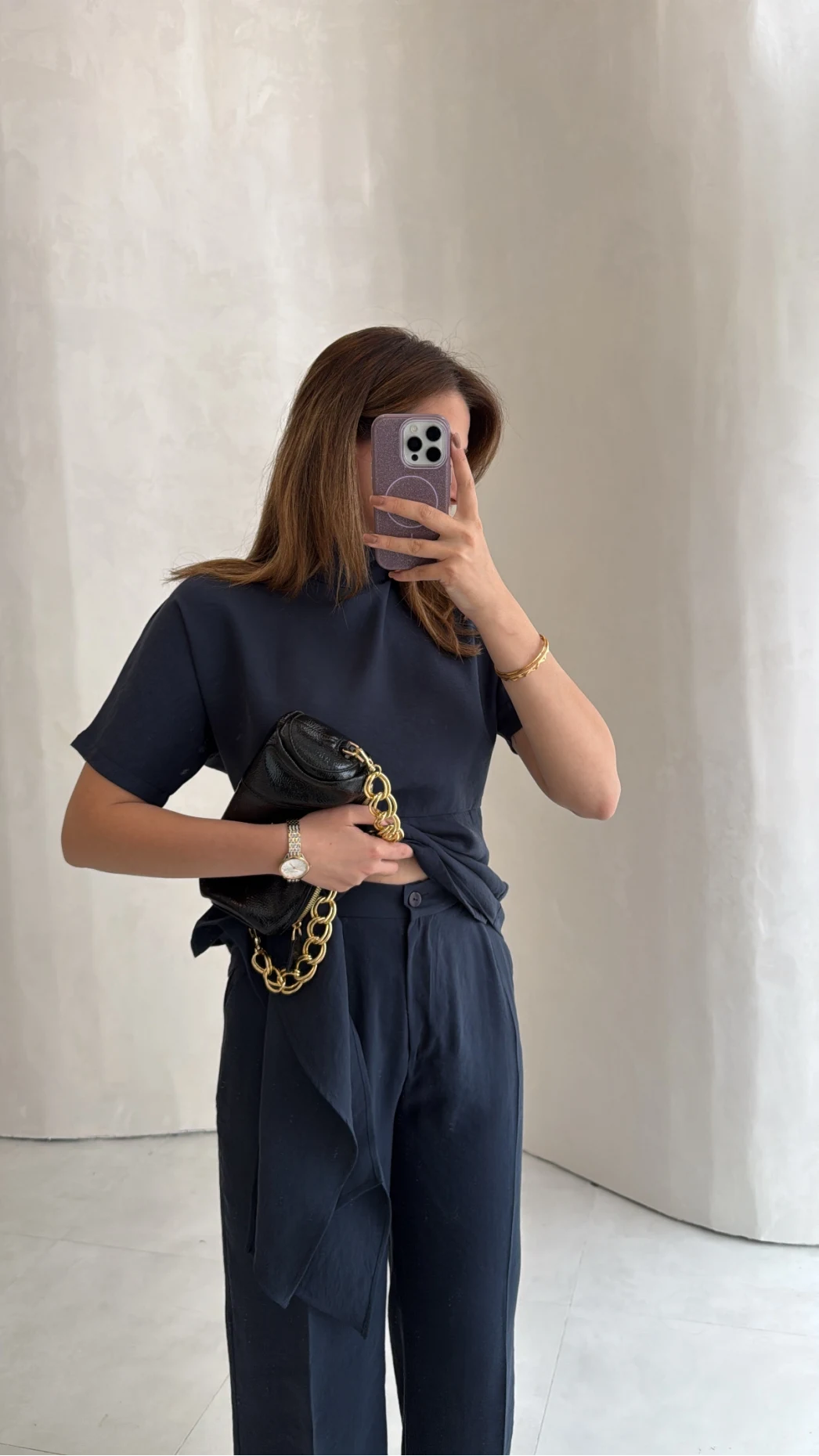 Stand-Up Collar Tie Detail Suit - navy blue