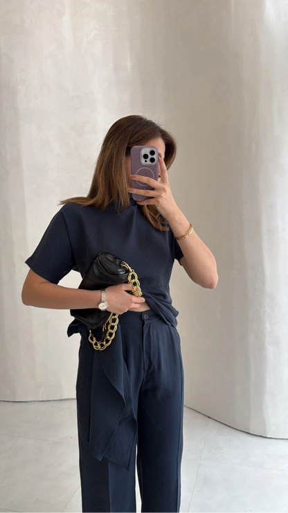 Stand-Up Collar Tie Detail Suit - navy blue