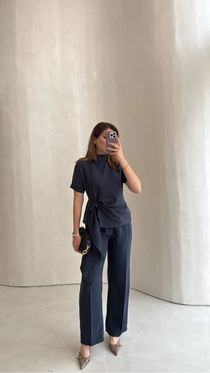 Stand-Up Collar Tie Detail Suit - navy blue