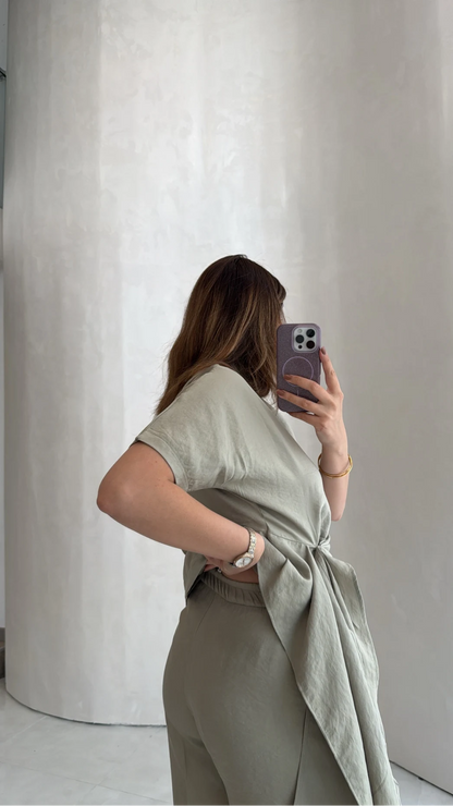 Stand-Up Collar Tie Detail Suit -Light Sage Green