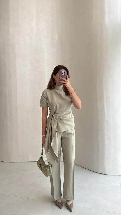 Stand-Up Collar Tie Detail Suit -Light Sage Green