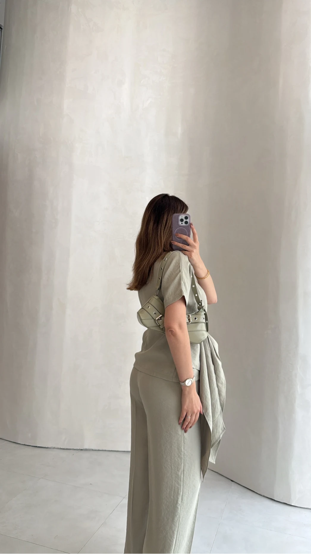 Stand-Up Collar Tie Detail Suit -Light Sage Green