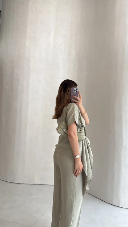 Stand-Up Collar Tie Detail Suit -Light Sage Green