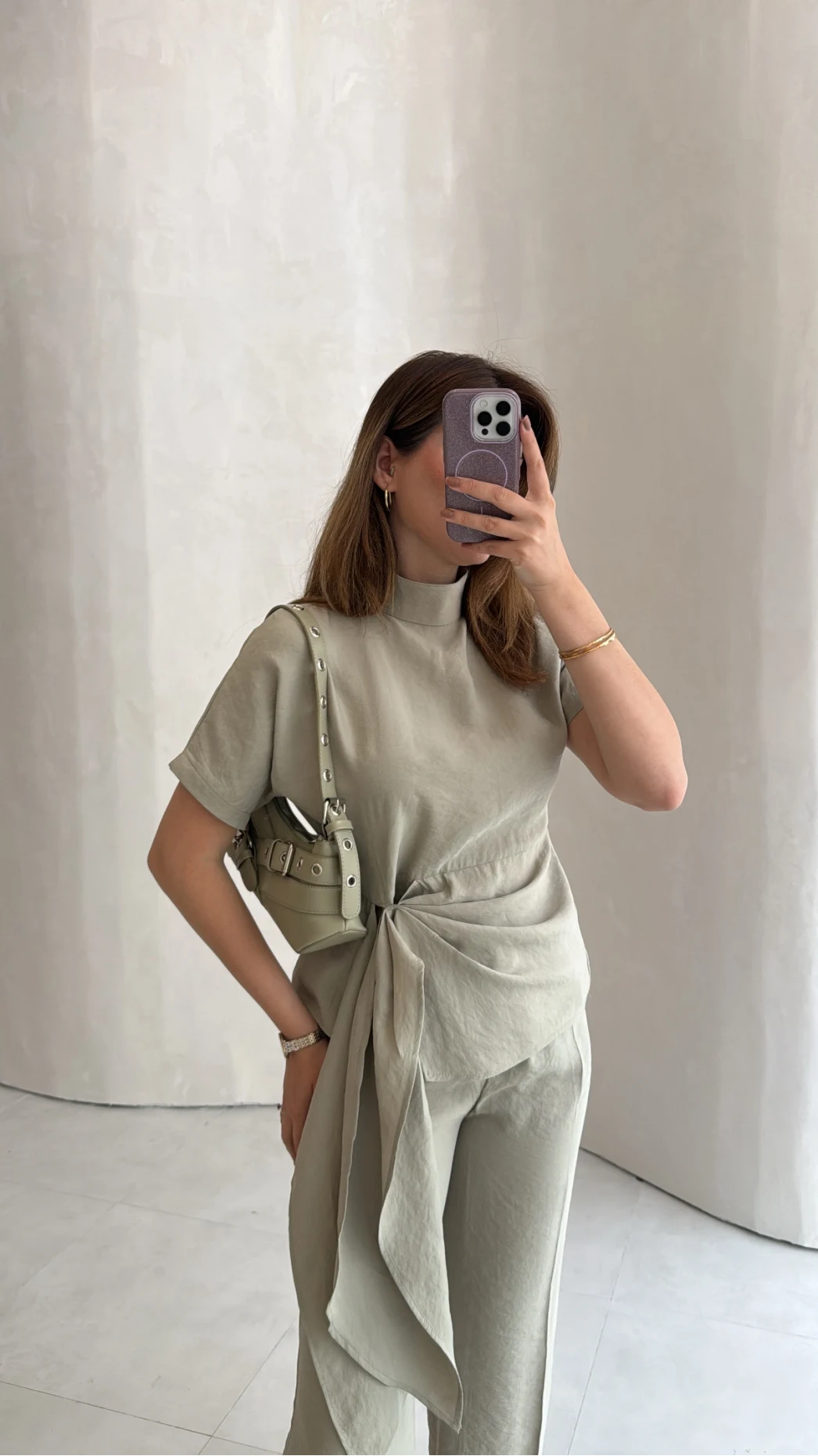 Stand-Up Collar Tie Detail Suit -Light Sage Green