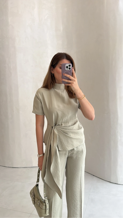 Stand-Up Collar Tie Detail Suit -Light Sage Green