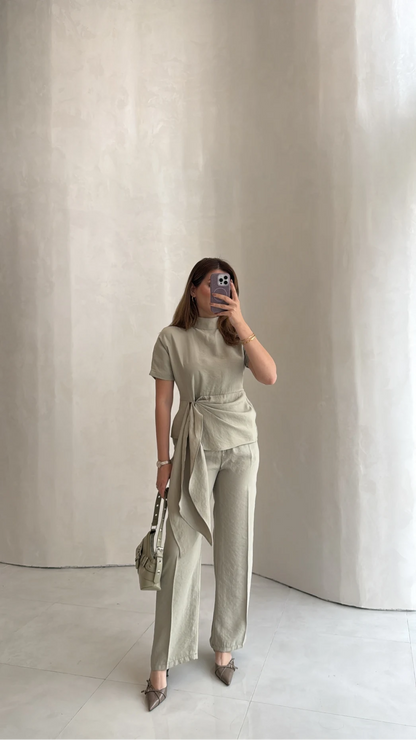 Stand-Up Collar Tie Detail Suit -Light Sage Green