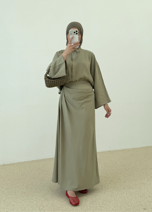 Zra Model Draped Skirt Set - olive green